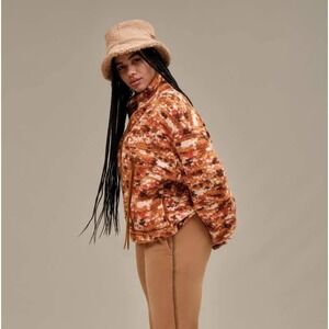 UGG Sherpa Fleece teddy Jacket  Size Medium Abstract Print Full Zip Brown Orange